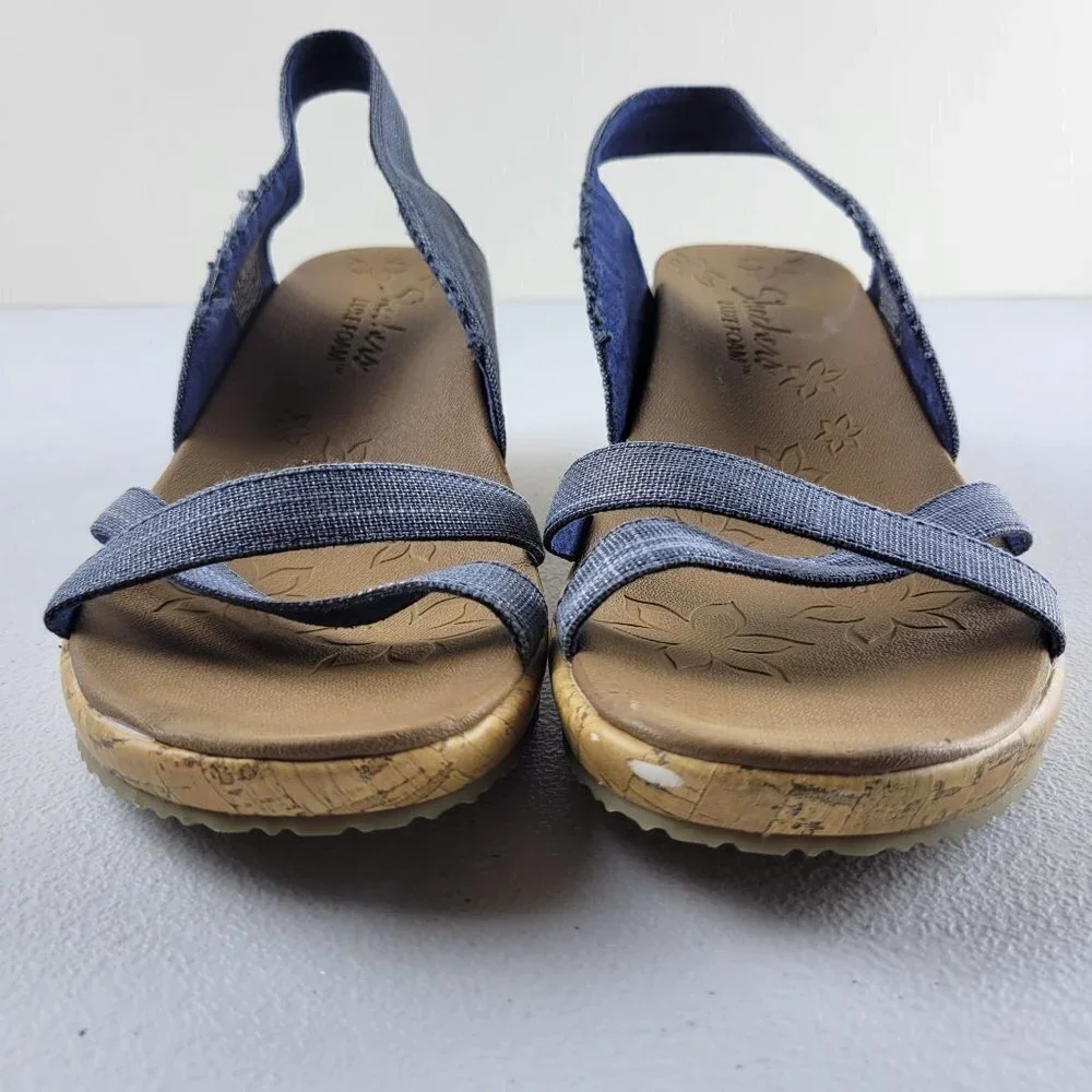 Skechers Luxe Cross Leigh Foam Cork Wedge Ankle Strap Open Toe Sandals 8 Blue